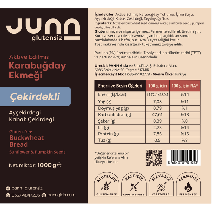 JUNN Glutensiz  Aktive Karabuğday Ekmeği Çekirdekli 1000 g